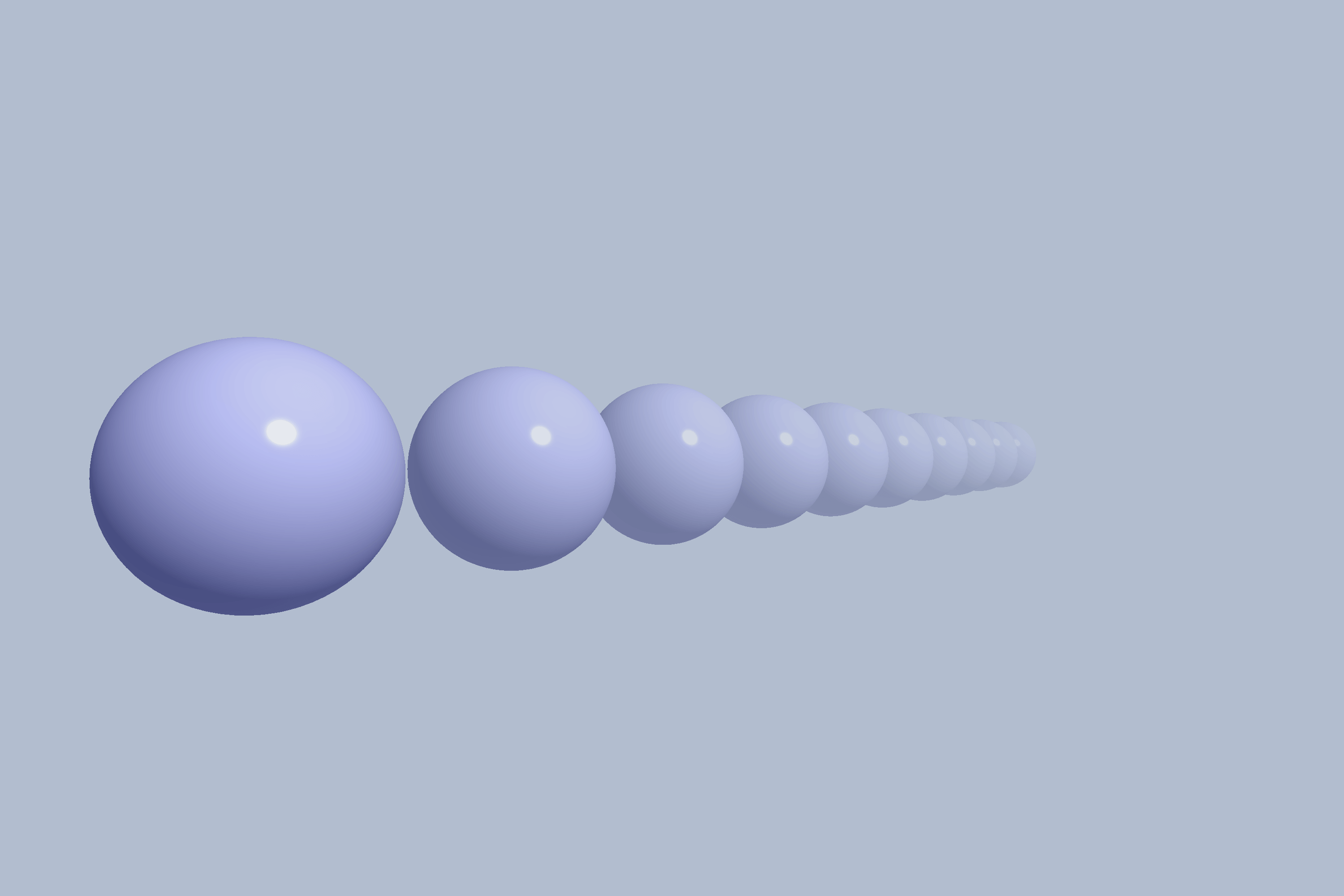 A line of spheres receding into fog as they go off into the distance